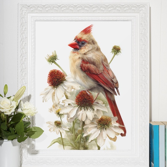 Watercolor Female Cardinal Bird with Coneflowers Wall Art Print Unframed - Picture 6 of 7